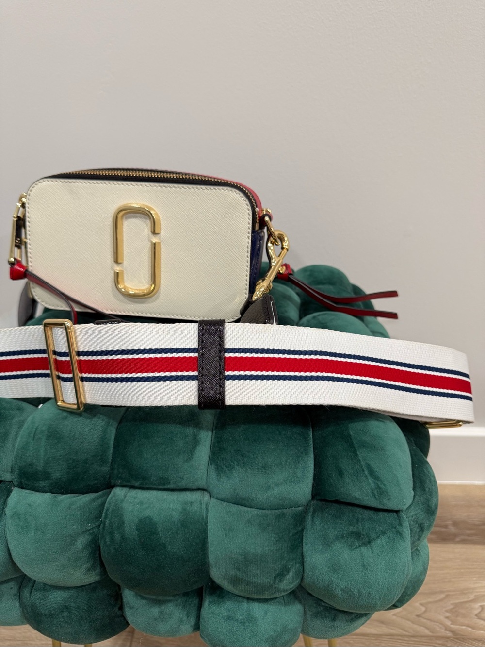 Marc Jacobs Cream Snapshot Crossbody with Red, White & Blue Strap - Picture 8 of 12